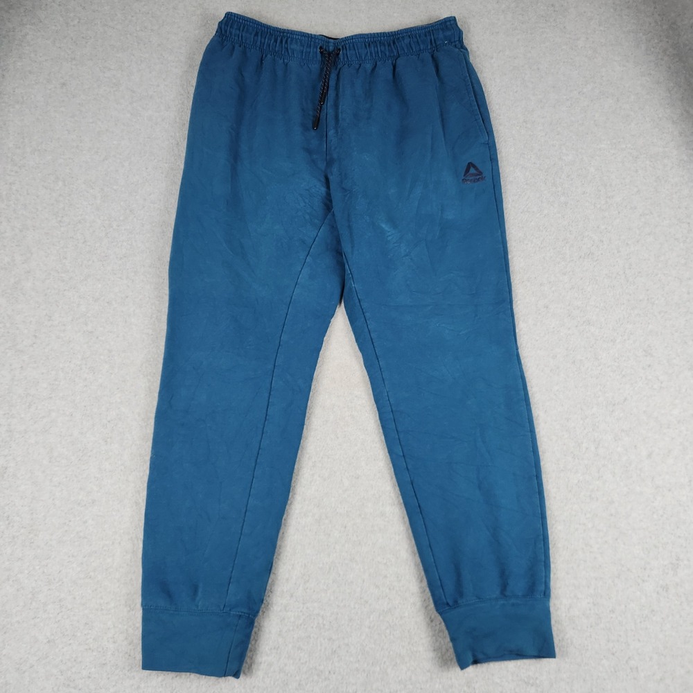 Reebok Jogger Sweatpants Mens Large Teal Blue Logo Drawstring Waist Tapered Leg